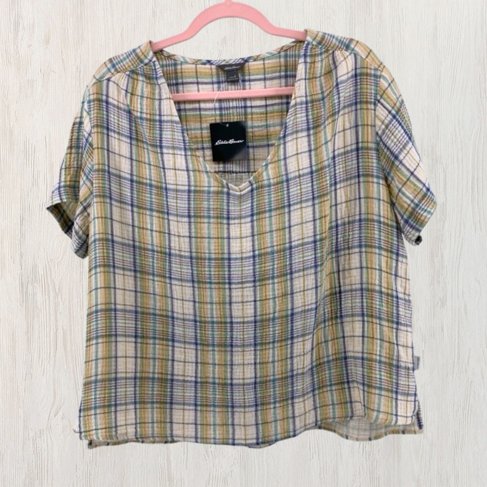Eddie Bauer Women L Carry On Shirt Plaid Cotton Gauze V Neck Blouse Travel Airy